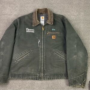 Carhartt Detroit Jacket J97 Men's XL MOS Green Canvas Cotton Plaid Lined Work